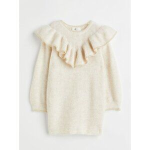NWT H&M Flounce Trimmed Cozy Metallic Sweater Dress Ivory Gold 4-6Y/5T